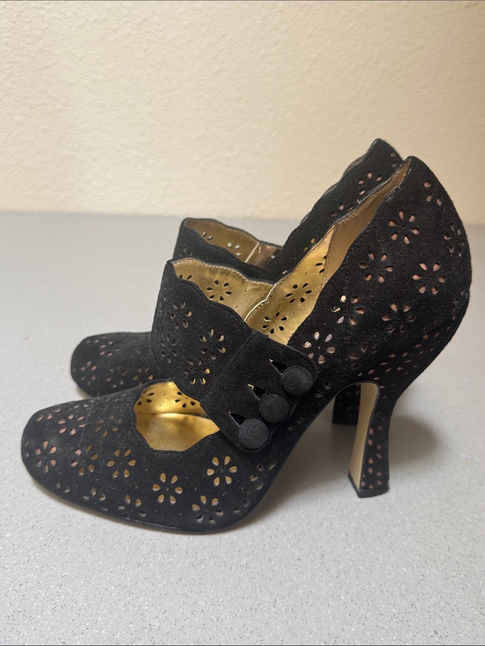 Hale Bob Black Floral Cutout Suede Mary Jane Heels